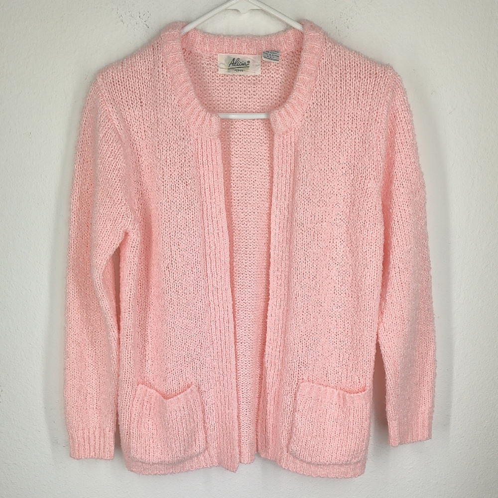 Vintage Alicia Open Front Knit Cardigan 100% Acrylic Powder Pink Size P Medium